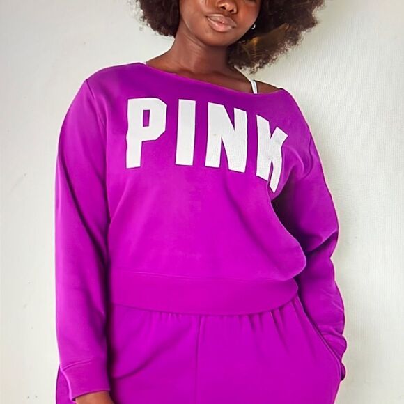 NWT - PINK FLEECE CROPPED SWEATSHIRT in FUCSIA  - Size Large - Picture 2 of 6